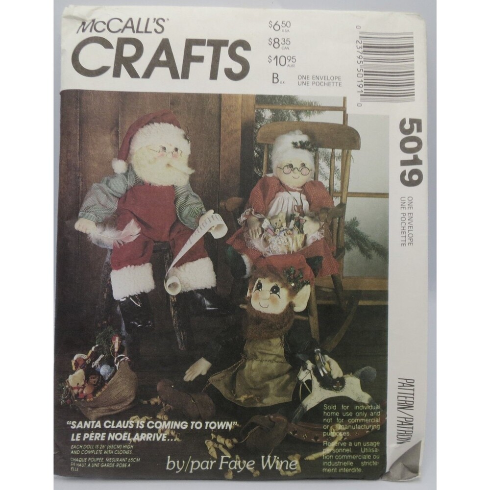 McCall's 5019 Santa Mrs Claus Elf Dolls & Clothes 26" Christmas Holiday Crafts